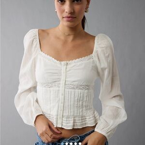 American Eagle White Smocked Long Sleeve Peplum Blouse Size Large